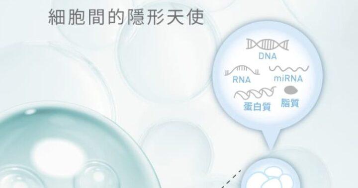外泌體生物科技示意圖，展示微小囊泡包裹著蛋白質、DNA與RNA等訊號分子，被稱為細胞間的隱形天使。